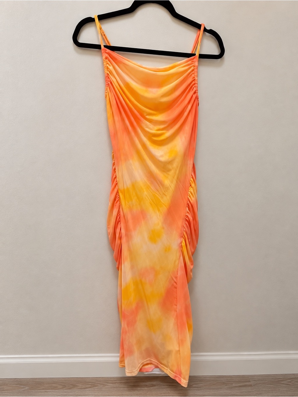 BLASHE Orange & Yellow Ruched Midi Dress – Size Small